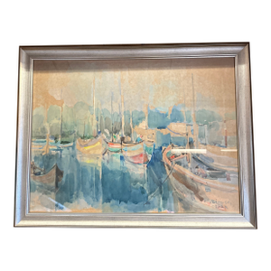 Boat Harbor Original Water Color by Avraham Binder (1906-2001) Harbor Sailboats and Water