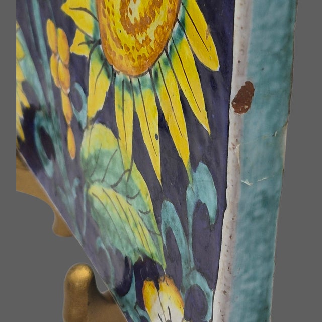 Ceramic Vintage Hand Painted Terra-Cotta Sun Flower Tuscan Wall Hanging Tile Trivet For Sale - Image 7 of 10