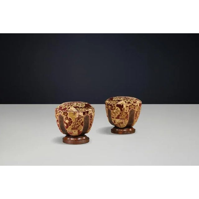 Vintage Italian Art Deco Walnut and Velvet Poufs, 1930s, Set of 4 For Sale - Image 11 of 18