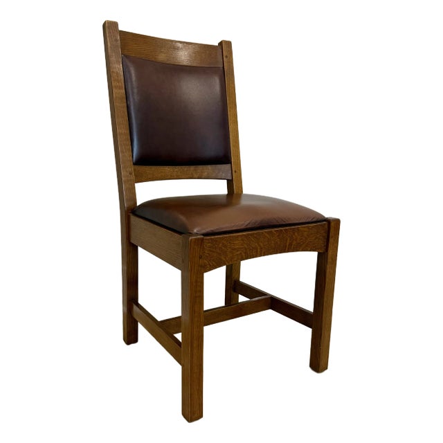 Stickley Mission Oak Leather Back Cottage Side Chair For Sale