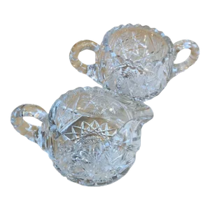 Vintage Heavy Leaded Cut Glass Creamer & Double-Handled Open Sugar Bowl Set- 2 Pieces