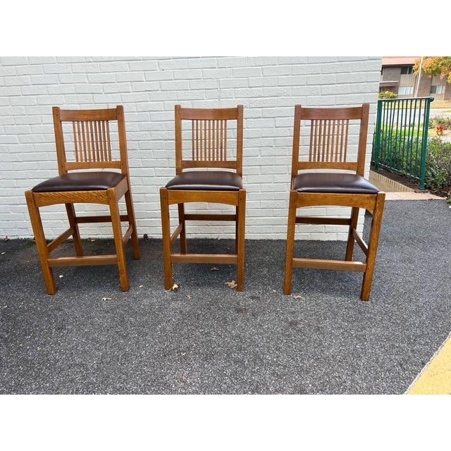 Stickley Mission Collection Set of Three Oak Spindle Counter Stools For Sale - Image 12 of 12