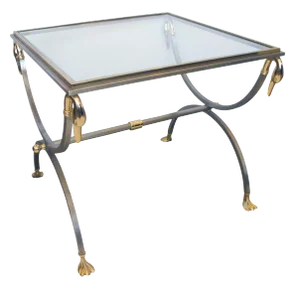 French Brushed Steel & Brass Side Table W Glass Top & Swan Supports