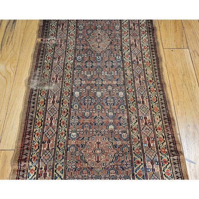 Antique Serab Camel Hair Runner Rug, Hand-Knotted Wool, Allover Geometric Pattern, Red & Green, 3x12 For Sale - Image 14 of 18