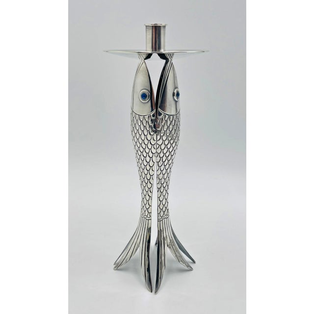 Mexican 1980s Emilia Castillo Taxco Fish Candle Holder Silver Plate Turquoise Eyes For Sale - Image 3 of 13