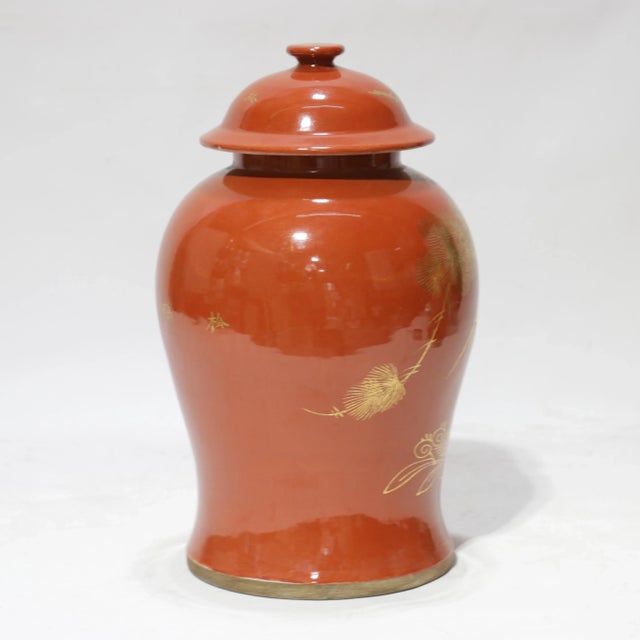 Early 20th Century Pair of Chinese Late 19th - Early 20th Century Jingdezhen Kiln Coral-Red and Gilt “Pine and Crane for Longevity” Covered Jar For Sale - Image 5 of 14