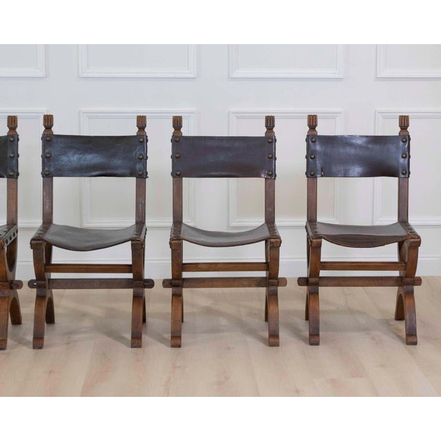 Set of Six Mid-20th Century Spanish Walnut and Leather Dining Chairs For Sale - Image 4 of 9