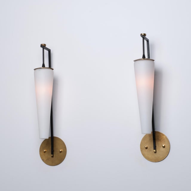 Metal Large Italian Brass, Black Metal and Opaline Glass Sconces, 1950s, Set of 2 For Sale - Image 7 of 10