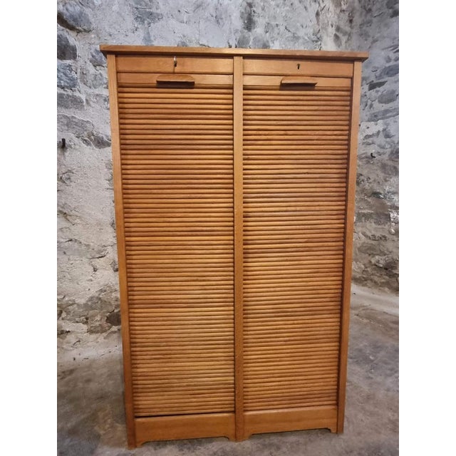 Vintage French Tambour Cabinet in Oak, 1960s For Sale - Image 4 of 18