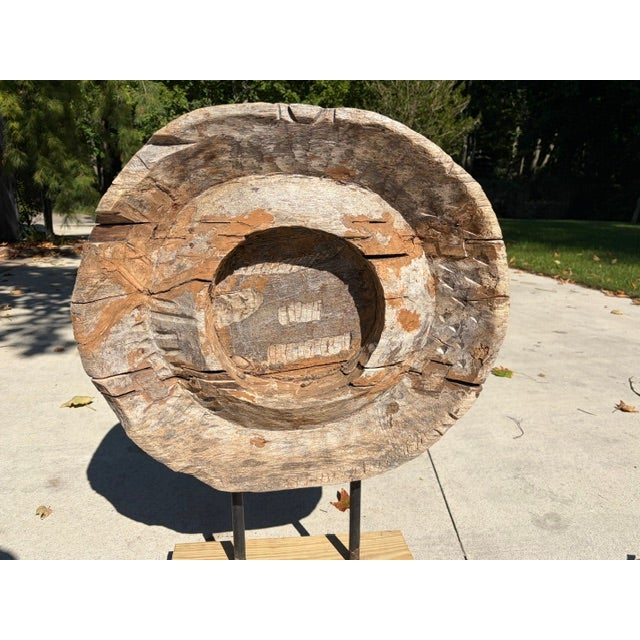 Brown Vintage Wood Milling Wheel - Art Sculpture For Sale - Image 8 of 9