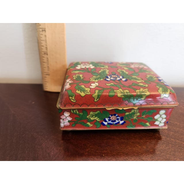 Vintage Chinese Colorful Floral Red Cloisonné Box For Sale - Image 10 of 13