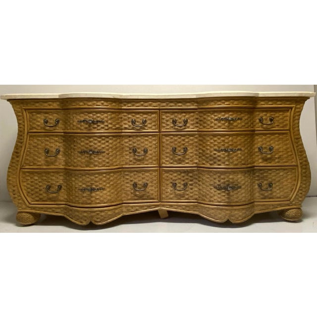 Woodard Furniture Co. 1970s Coastal Wicker Chest by WhiteCraft for Woodard W/ Travertine Top For Sale - Image 4 of 8