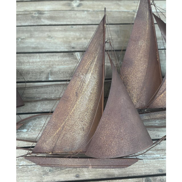 Brutalist 1970s Curtis Jerè Inspired Metal Wall Sculpture - 3 Sailboats For Sale - Image 3 of 8