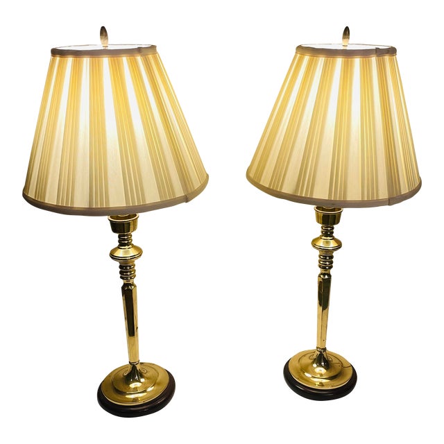 Pair of Brass Lamps With Shades For Sale