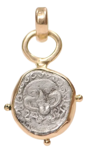 A Silver Drachm Gorgon Pendant W/ 18k Trim & Bail