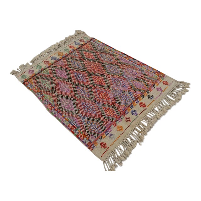 Vintage Hand Woven Kilim Rug. Turkish Jajim Wool Kilim Sofreh Deco Rug Embroidered - 3′5″ X 4′5″ For Sale