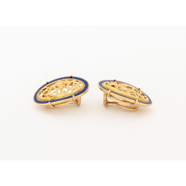 Metal Cobalt Blue Enamel & Yellow Gold Filigree Earrings For Sale - Image 7 of 9