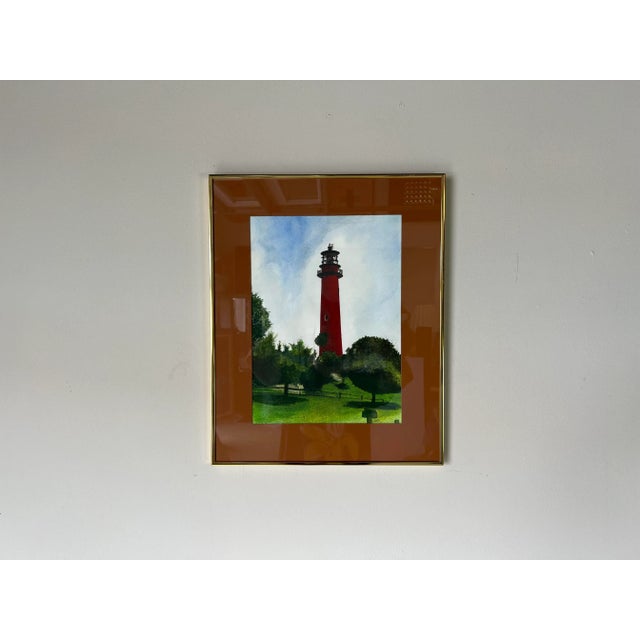 Mid-Century Modern Vintage Lighthouse Landscape Watercolor Painting, Signed For Sale - Image 3 of 13