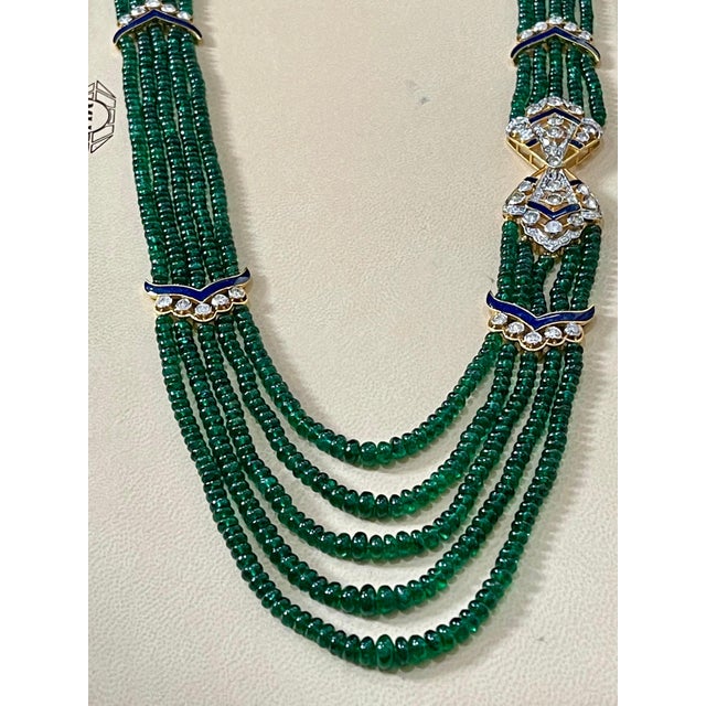 Emerald 300 Carat 5-Strand Emerald Necklace with 4.8 Carat Diamond & Enamel in 14k Gold For Sale - Image 8 of 18