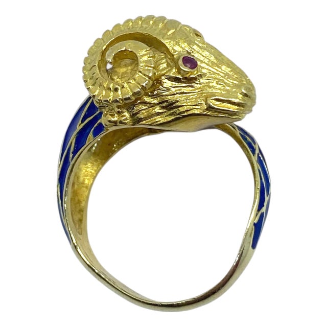 Vintage 18k Enamel and Ruby Ram's Head Ring, Size 9 For Sale