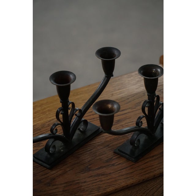 Early 20th Century Art Deco Danish Metal Three-Arm Candelabra, 1930s, Set of 2 For Sale - Image 9 of 18