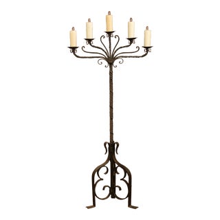 19th Century French Gothic Forged Iron Five-Light Floor Lamp With Wax Candles For Sale