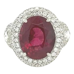 Rubellite and Diamond Halo Ring in 18k White Gold Size 4.5