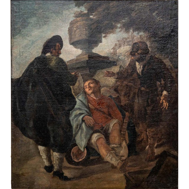 Egidio Dall'oglio, Boy with Lute and Two Fighting Men, 1800s, Oil on Canvas For Sale - Image 5 of 15