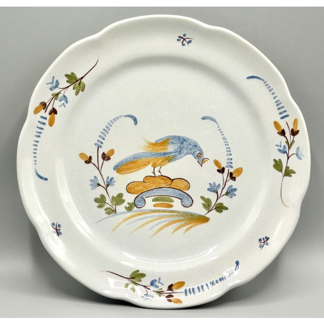 Ceramic 18th-Century French Country Nevers Polychrome Bird Plate For Sale - Image 7 of 8