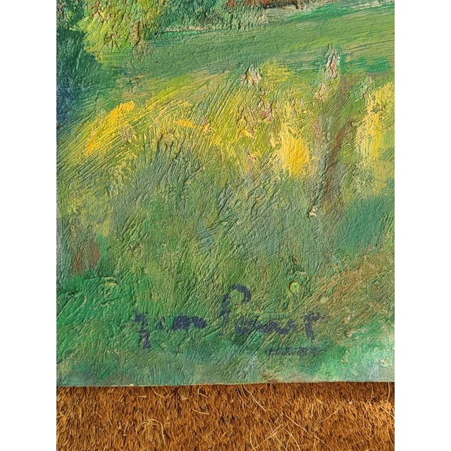 French, mid century oil on board fauvist landscape of larch trees in autumn by jean perret. The painting is signed bottom...