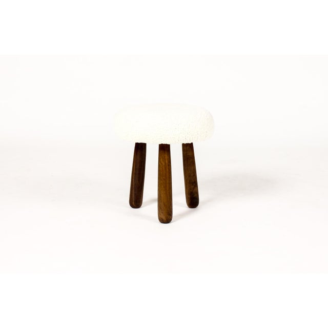 #1994 — Custom Awassi Tripod Ottoman / Footstool — Turned Walnut legs — Pearl Bouclé Custom made ottoman / foot stool...