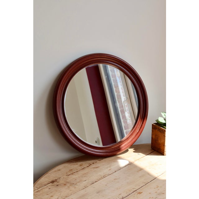 1970s Vintage Round Mirror with Mahogany Wood-Effect Frame, 1970s For Sale - Image 5 of 7
