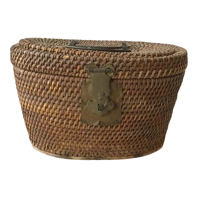 1920s Chinese Wicker and Brass Lunch Basket For Sale