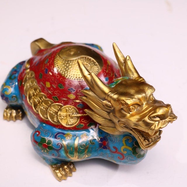 Late 20th Century Gilt Bronze Cloisonné Enamel Dragon-Turtle Figure With Coin Motif For Sale - Image 4 of 9