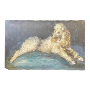 1970s The White Poodle Lies Down Oil Painting on Canvas Signed Cappuccitti Italy