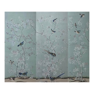 Hand-Painted Chinoiserie Wallpaper Mural, Chinese Bird & Floral Garden, 3 Panels For Sale
