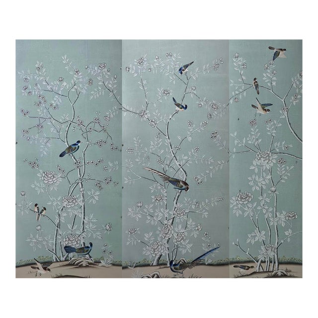 Hand-Painted Chinoiserie Wallpaper Mural, Chinese Bird & Floral Garden, 3 Panels For Sale
