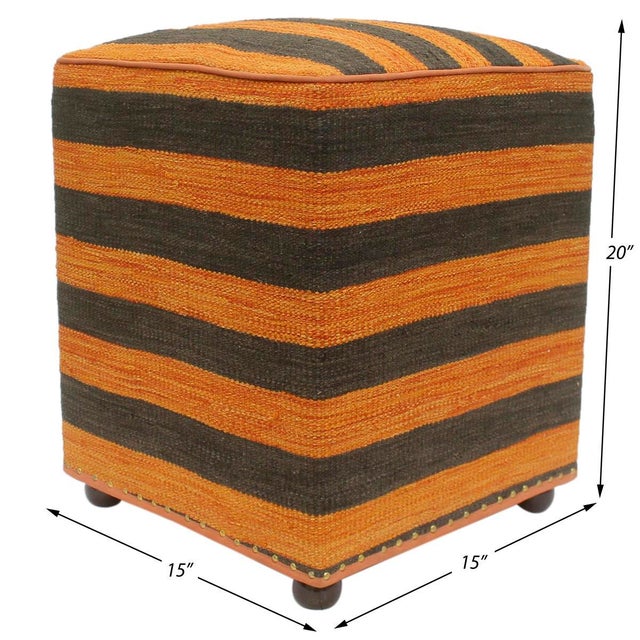 Chic handmade ottoman crafted using wood and upholstered using hand-woven kilim wool rug is a multi-purpose fashion pouf...