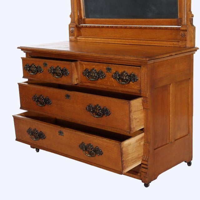 Brown Antique Rj Horner Eastlake Carved Original Golden Oak 4-Drawer Mirrored Dresser For Sale - Image 8 of 14