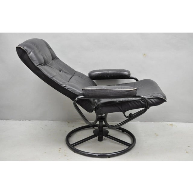 Vintage Black Leather Ekornes Stressless Style Swivel Recliner Lounge Chair For Sale - Image 4 of 17