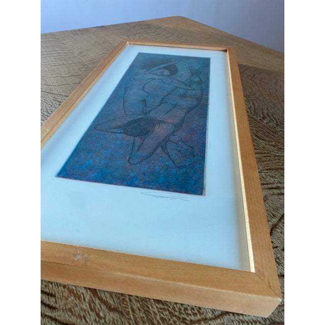 Blue Ethereal Swimming Figures Etching in Blonde Hardwood Frame For Sale - Image 8 of 8