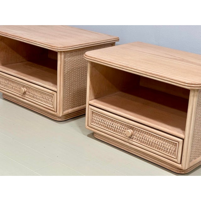 French Signed Pair of Roche Bobois Nightstands by Maugrion – French Oak & Cane, Circa 1980 For Sale - Image 3 of 10