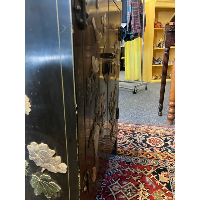 Antique Chinese Black Lacquer Cabinet W Jade Inlay of Bird & Floral Motif For Sale - Image 10 of 17