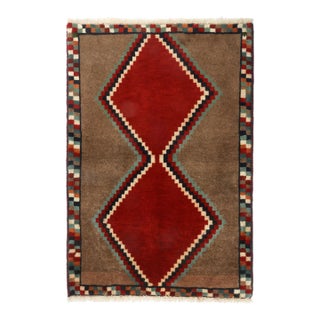 1950s Vintage Gabbeh Tribal Rug in Brown With Red Diamond Lozenge Pattern For Sale