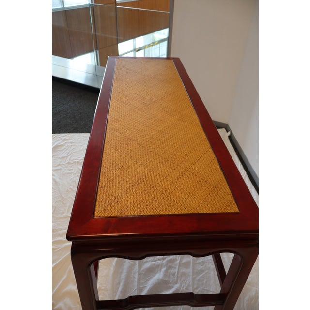 Swaim Attributed Hand Rubbed Cinnabar Finish With Natural Woven Raffia Top Console Table For Sale In Houston - Image 6 of 7
