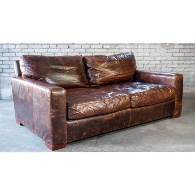 2010s Restoration Hardware Maxwell Distressed Cigar Luxe Leather Sofa For Sale - Image 5 of 12