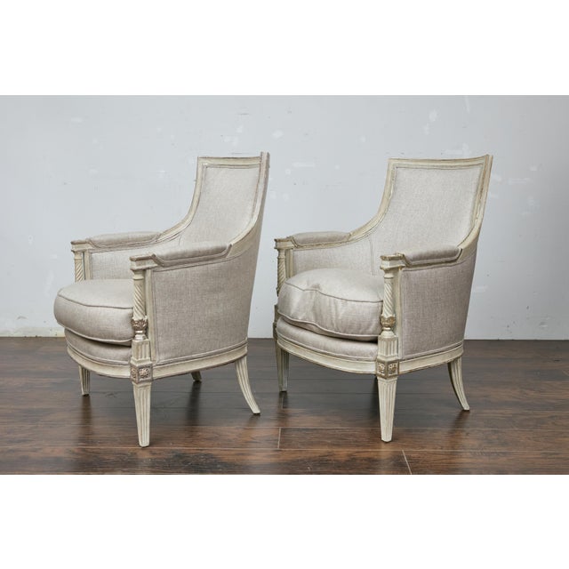 Pair of 19th Century French Directoire Upholstered Bergères with Twisted Columns For Sale In Atlanta - Image 6 of 12
