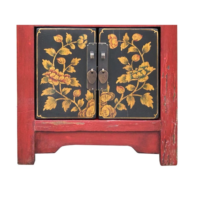 Brick Red Oriental Red Black Doors Golden Flowers Graphic End Table Nightstand For Sale - Image 8 of 9
