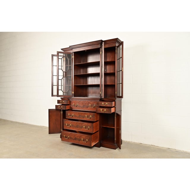 Baker Furniture Style Georgian Flame Mahogany Breakfront Bookcase Cabinet With Drop Front Secretary Desk For Sale In South Bend - Image 6 of 16