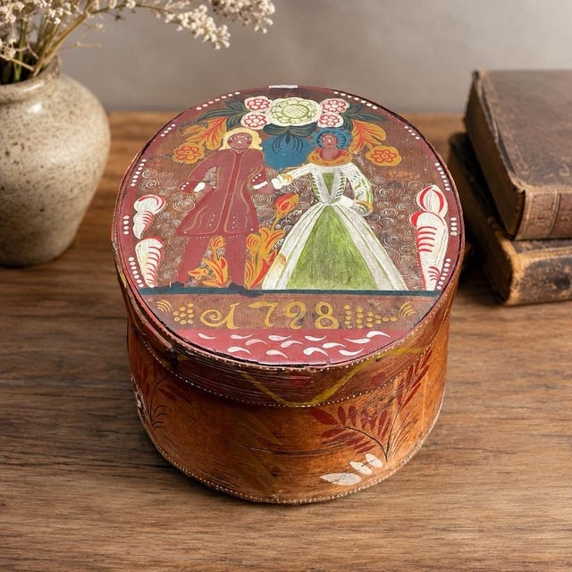 Brown Antique Swedish Polychrome Painted Marriage Box Dated 1798 For Sale - Image 8 of 10
